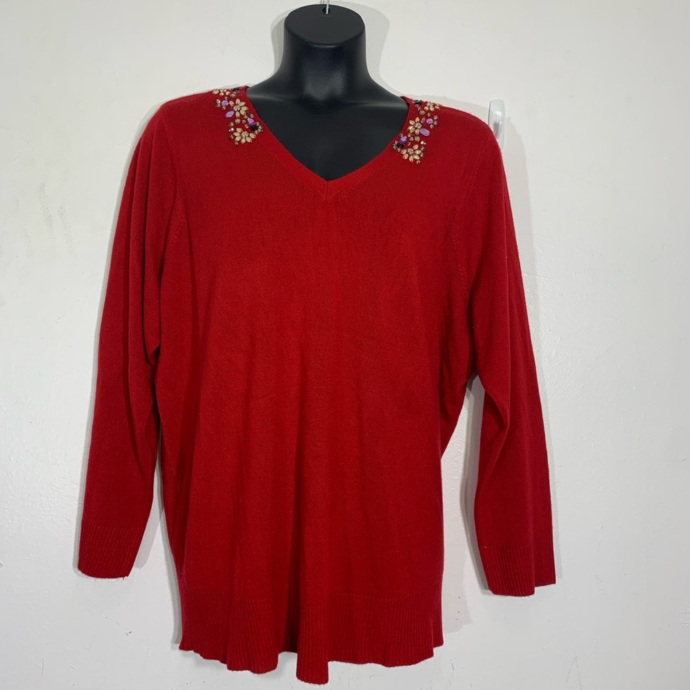 Vintage Red Embellished V-Neck Sweater 3X NEW